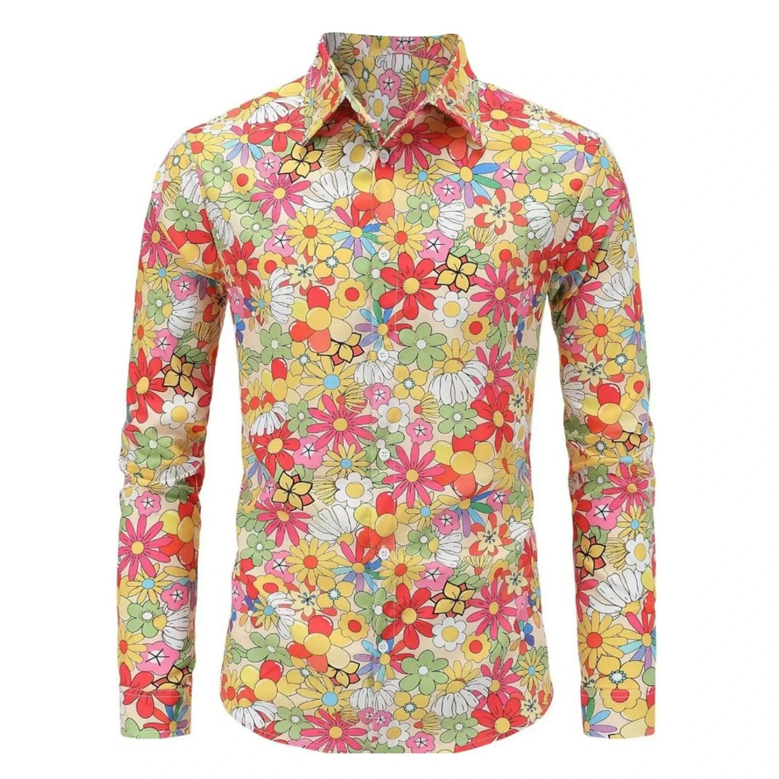  Chemise Hippie d'été des années 70 pour hommes, haut décontracté à manches longues et boutons rétr