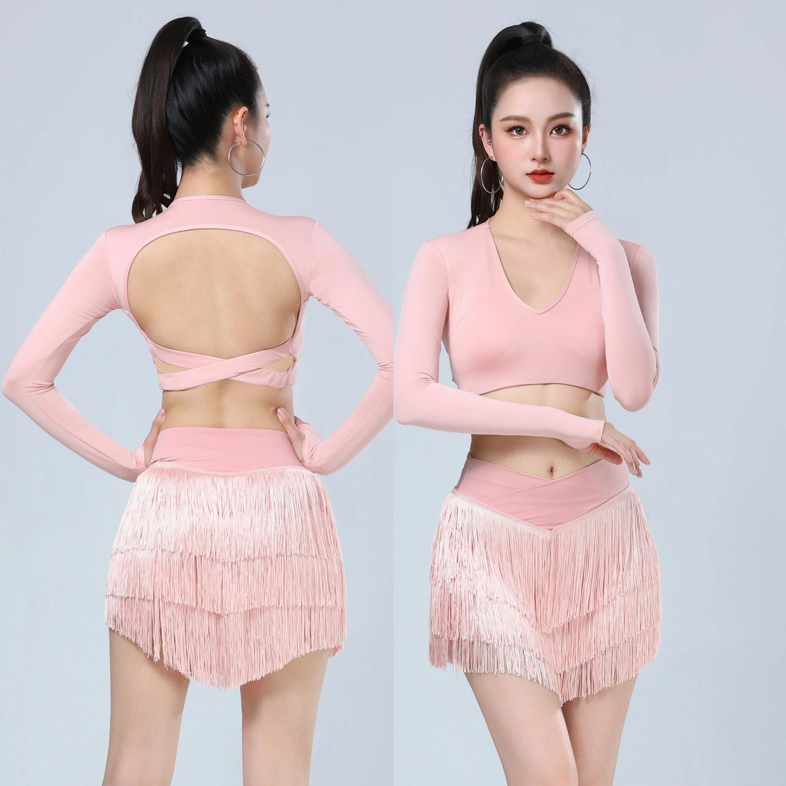 Vêtements de danse latine pour femmes, hauts à manches longues, dos nu, jupe à franges, Cha Cha Rumb