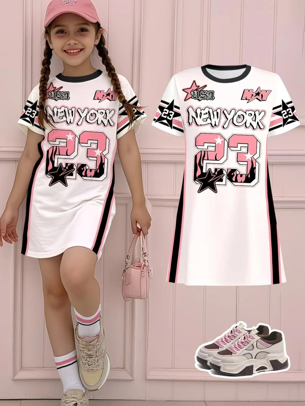 Robe de sport pour filles, imprimé 3D, col rond, manches courtes, robes d'été, style sport baseball,
