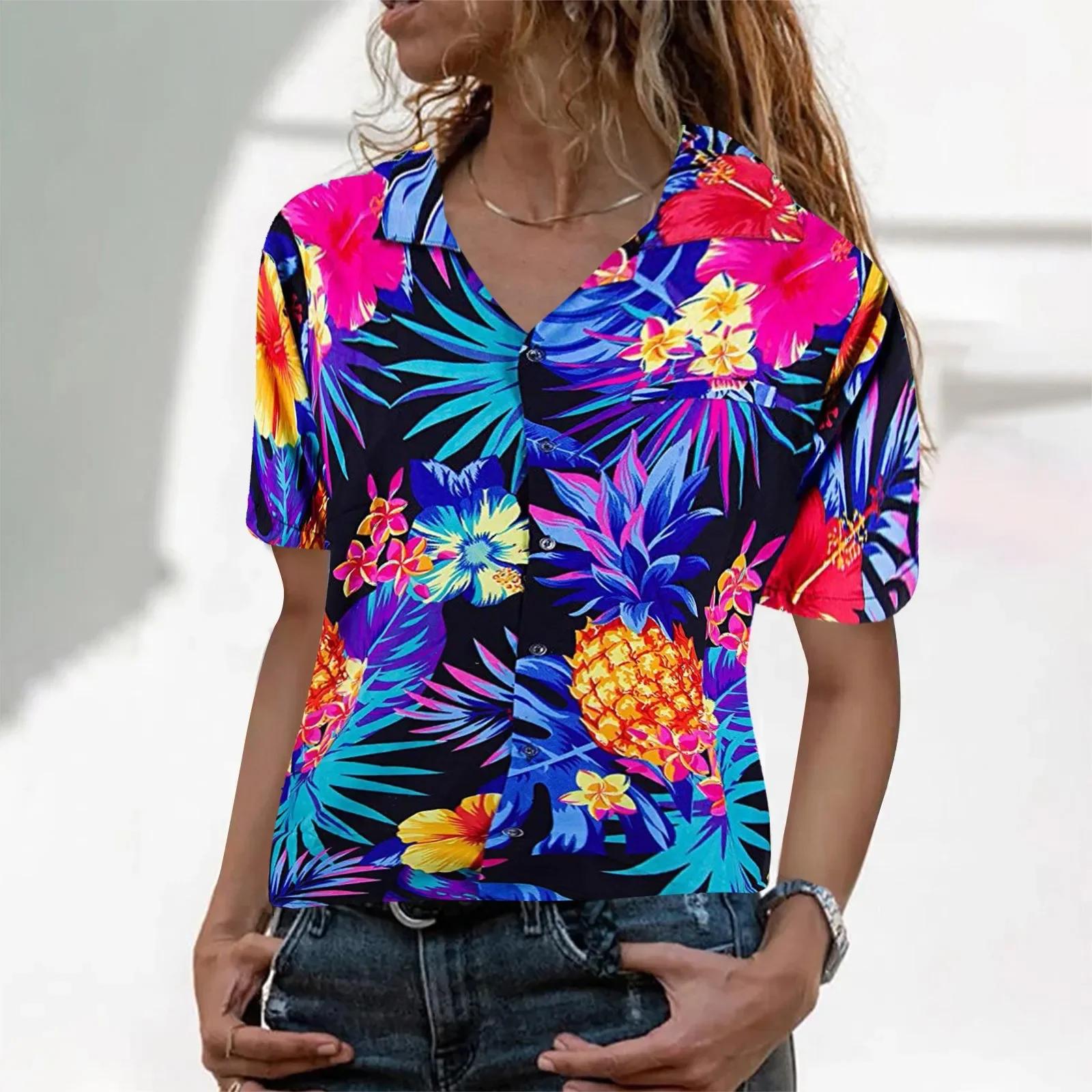 Funky femmes chemise hawaïenne poche frontale feuilles fleurs ananas imprimé femmes hauts et chemisi
