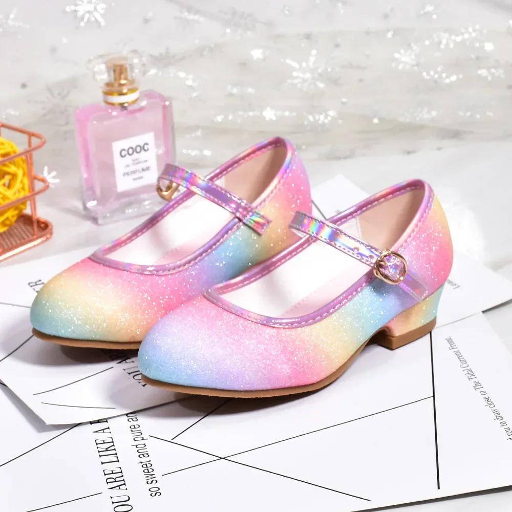 Chaussures de princesse pour filles, chaussures en cuir à paillettes arc-en-ciel, à la mode, pour en