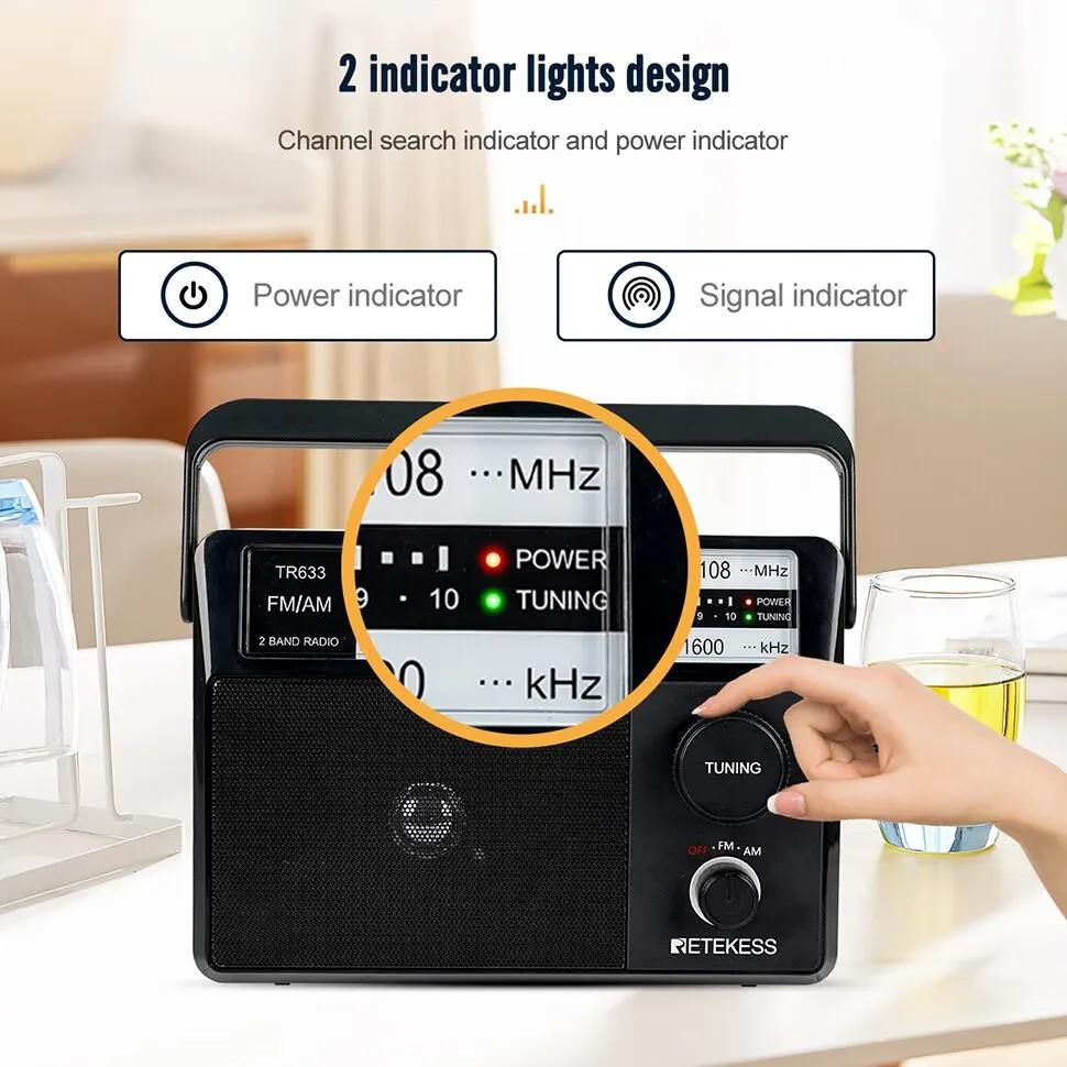 Retekess TR633 Radio FM Radios portables AM FM Rechargeable à piles Radio recherche indicateur lumin