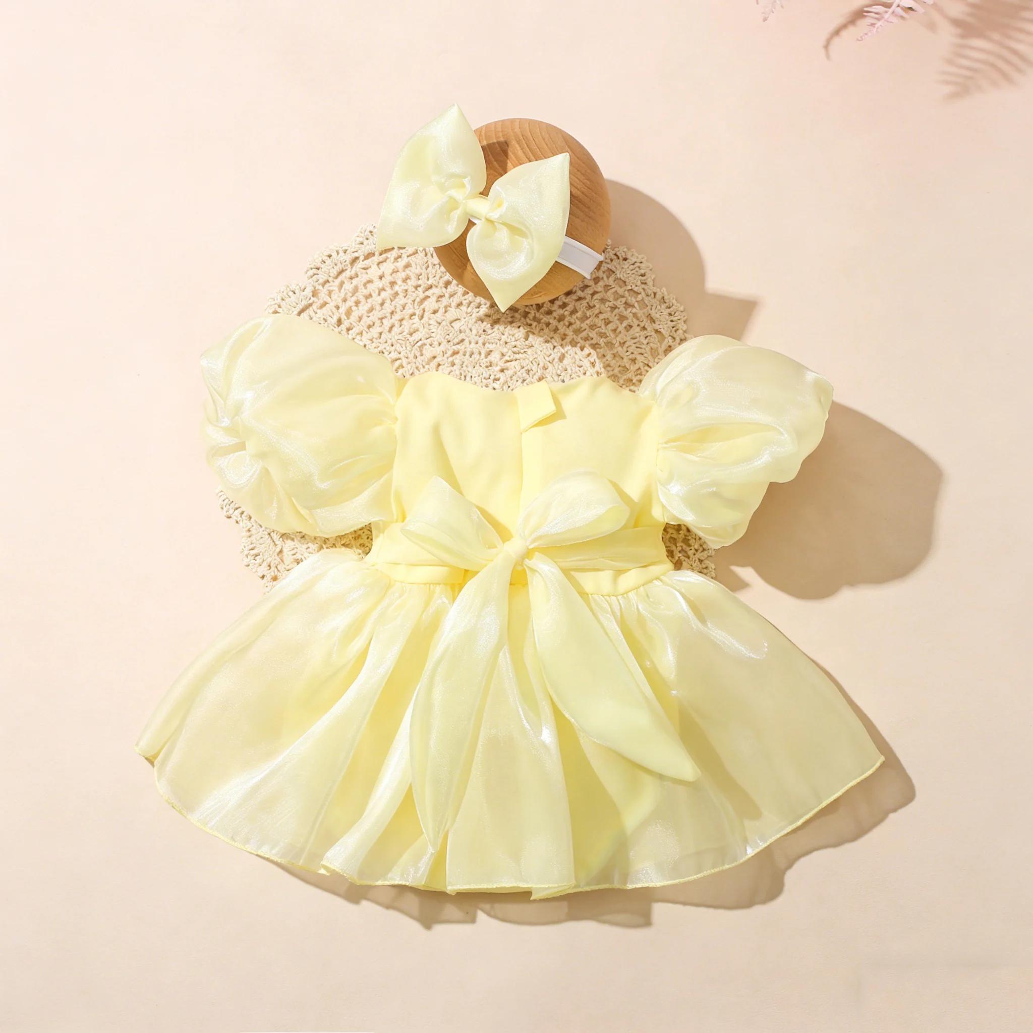 Nouvelle Collection Été : Robe en Tulle à Manches Bouffantes pour Nouveau-né avec Bandeau, Barboteus