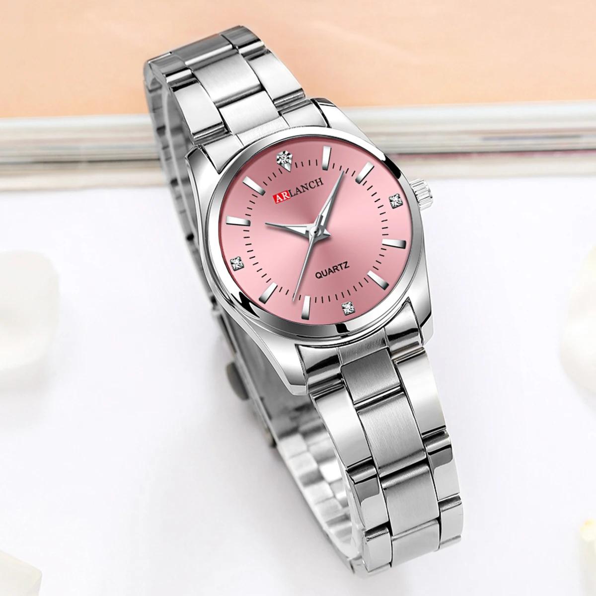 Montre pour femme de luxe 29mm à la mode en acier inoxydable strass rose minimaliste fille horloge e
