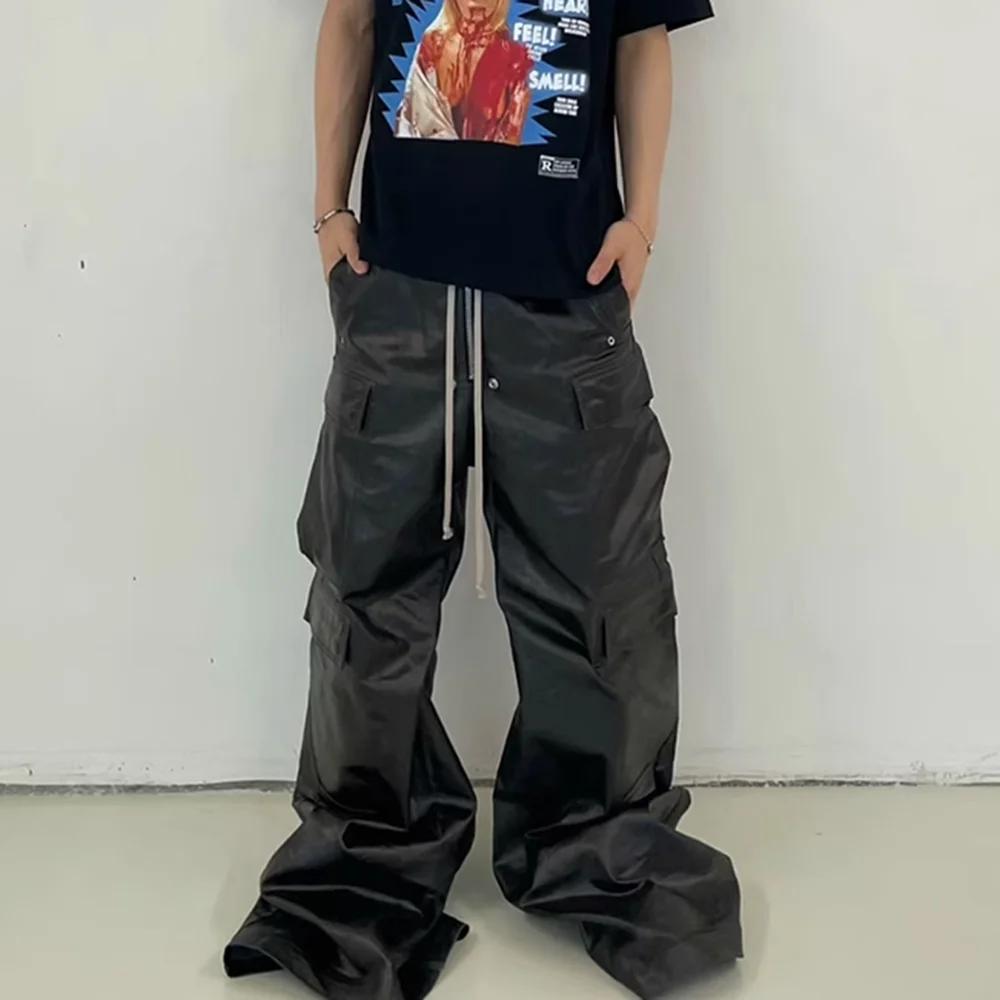 Pantalon en cuir PU mat Style RO pour hommes, pantalon Cargo Baggy à jambes larges avec cordon de se
