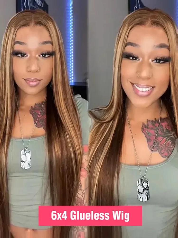 Perruque Lace Front Wig sans colle naturelle ombrée, cheveux lisses, blond miel, 13x6 HD, 30 34 pouc