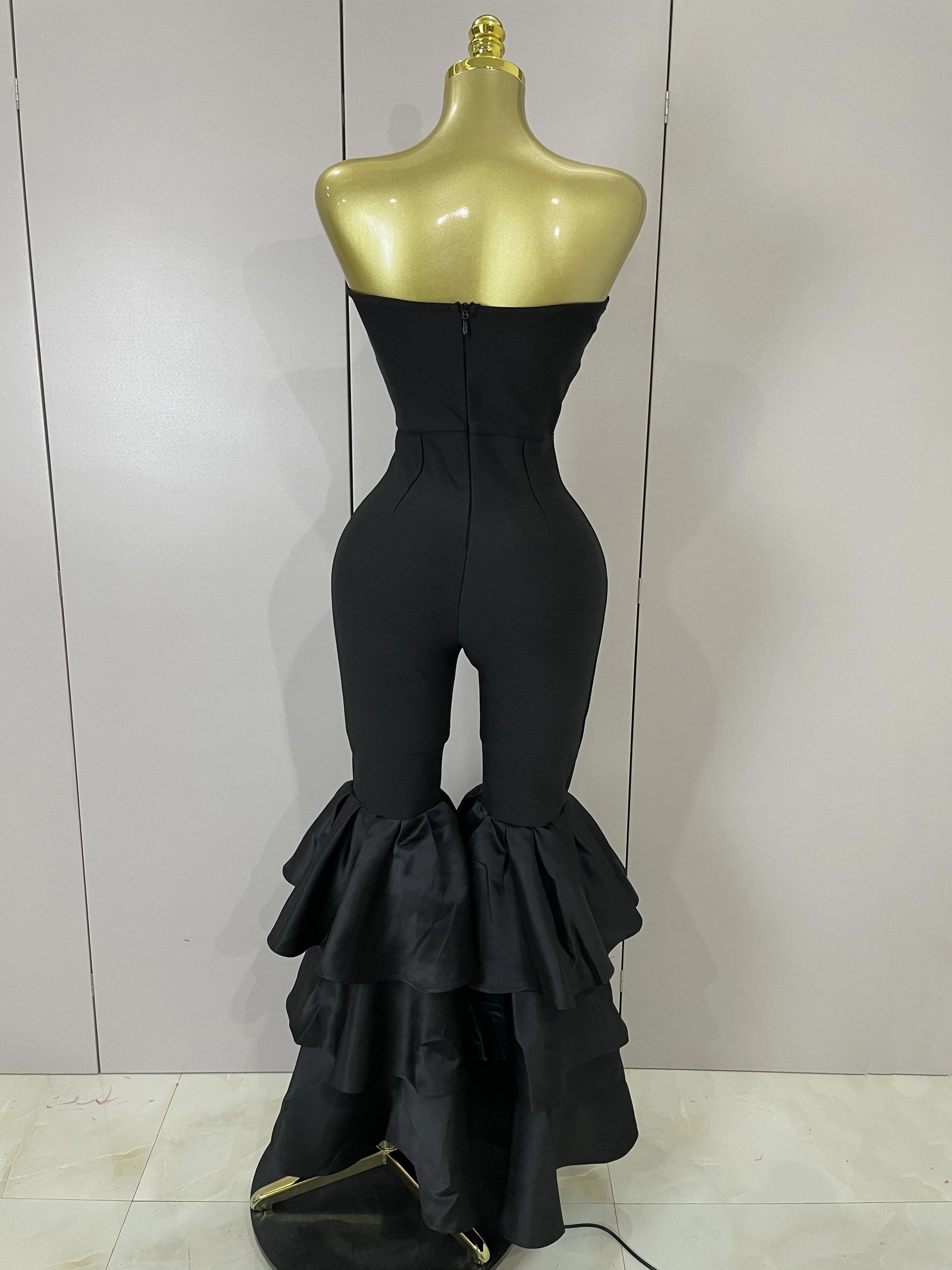 Luxe anniversaire Sexy bretelles noir volants moulante Flare Bandage combinaison 2025 femmes célébri