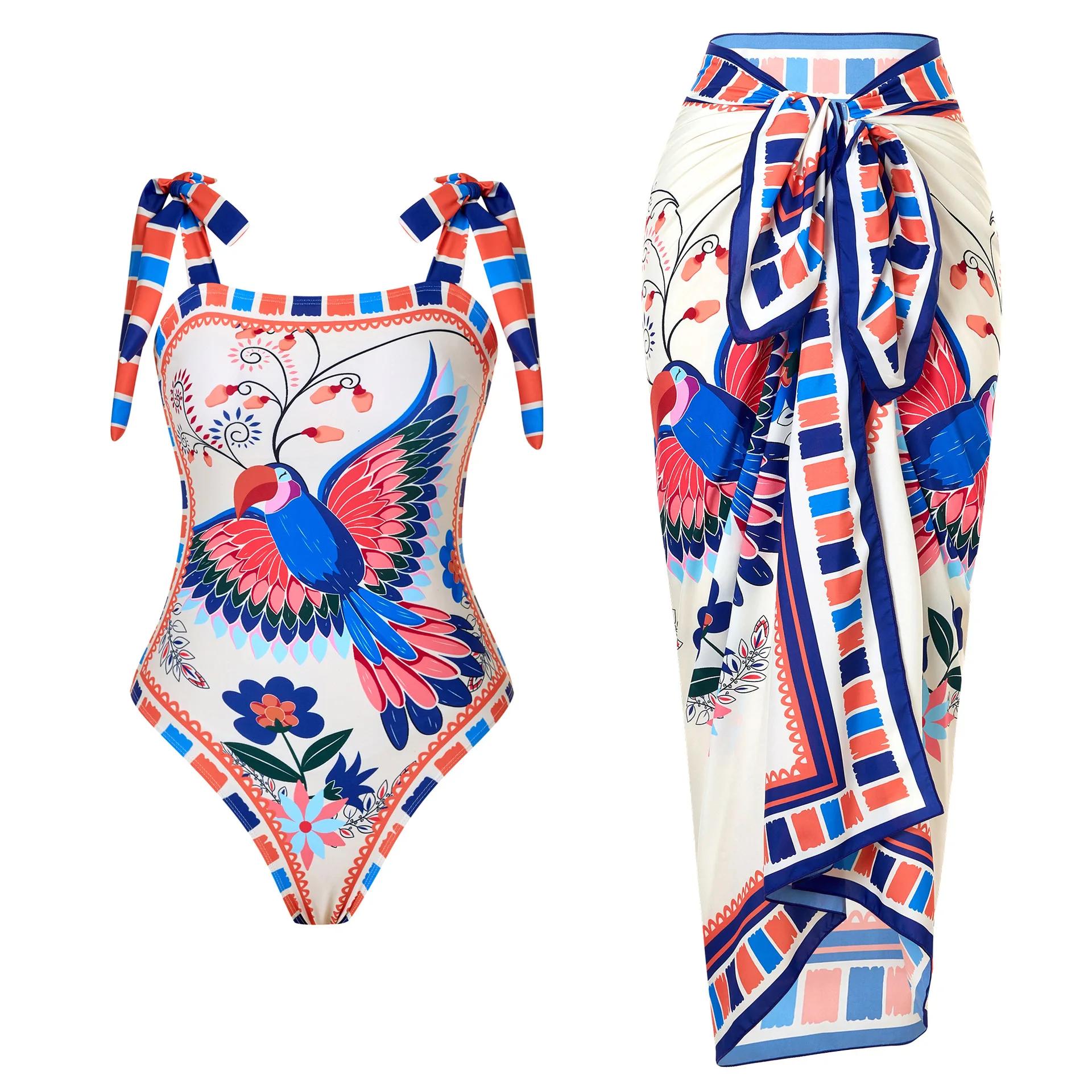 Maillot de bain une pièce imprimé pour femme 2026 avec jupe de plage – Tenue de bain estivale
