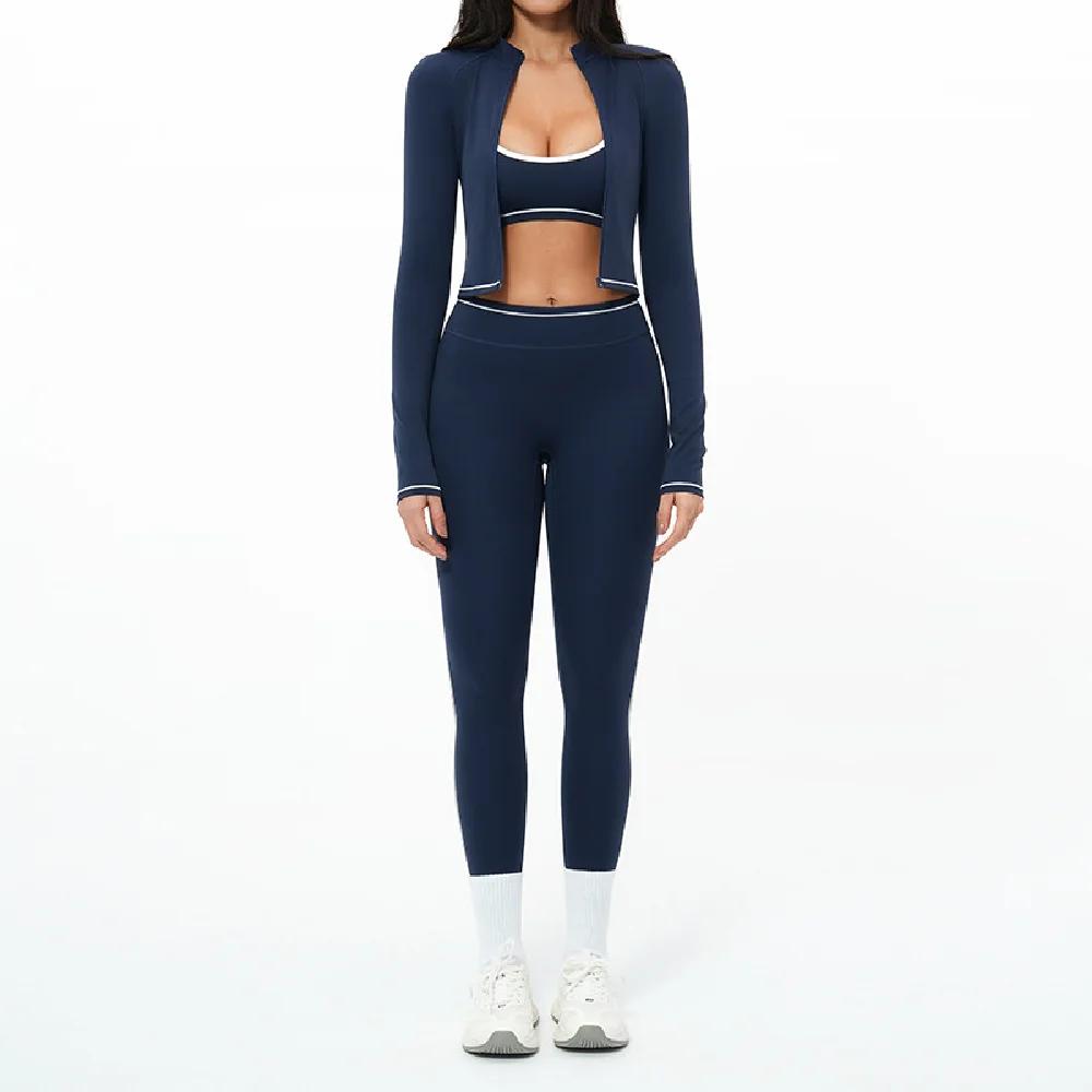 Ensemble de yoga 3 pièces avec fermeture éclair, tenue de sport d'extérieur, survêtement de gym pour