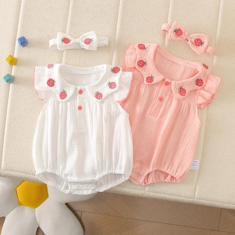 Combinaison pour nouveau-né 0-2 ans, été 2026, adorable barboteuse en gaze de coton 100% à motif fra