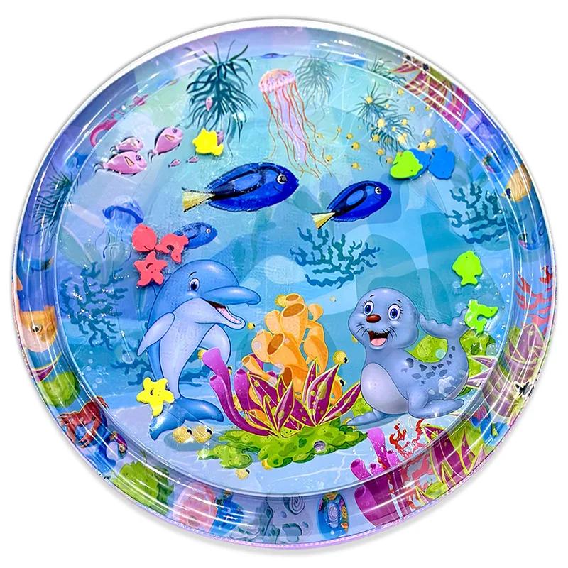 Grand tapis d'eau de jeu pour bébé, 100cm, motif de sceau de dauphin, tapis de jeu rond gonflable en