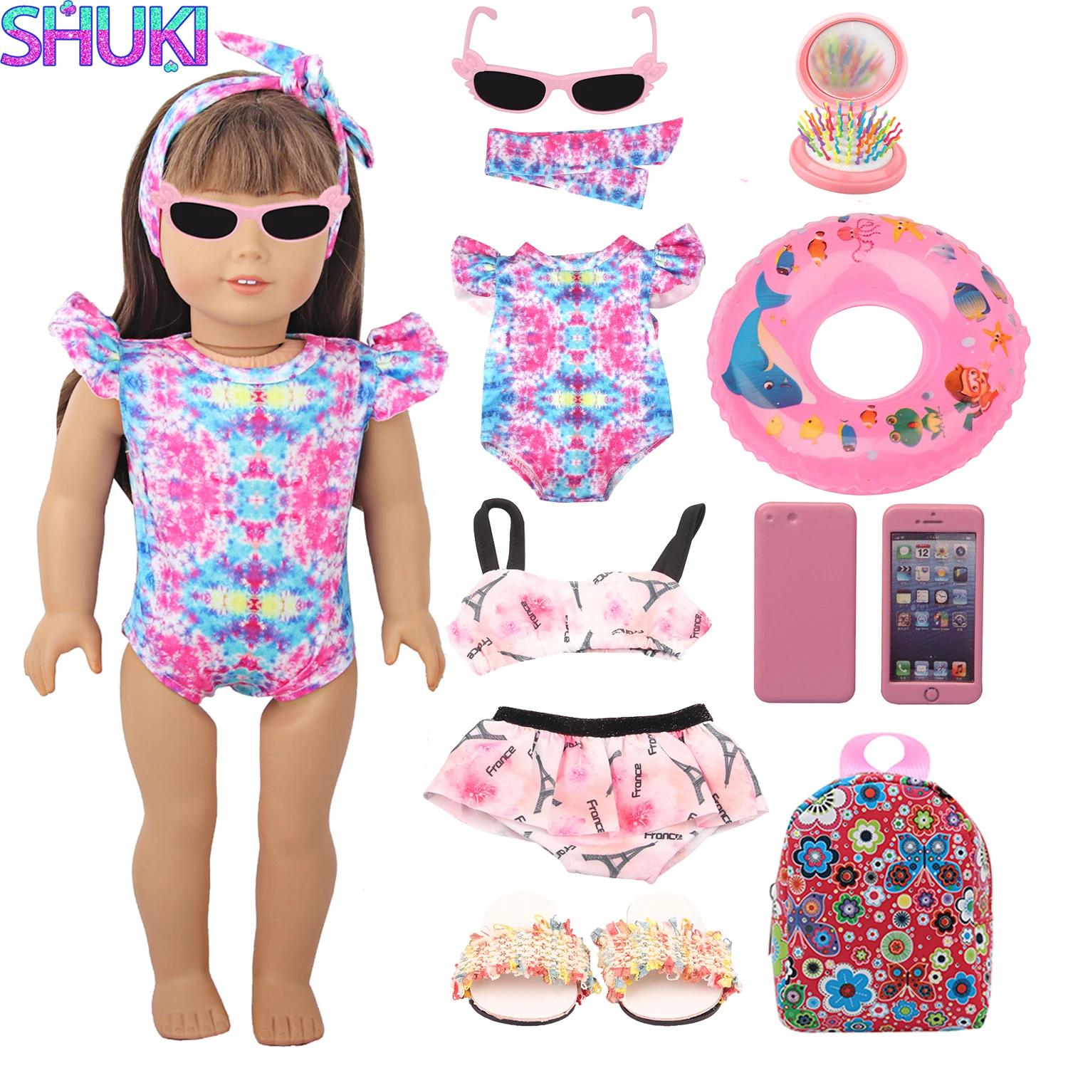 Maillot de bain pour poupée, pantoufles circulaires de natation, lunettes de soleil, sac à dos pour