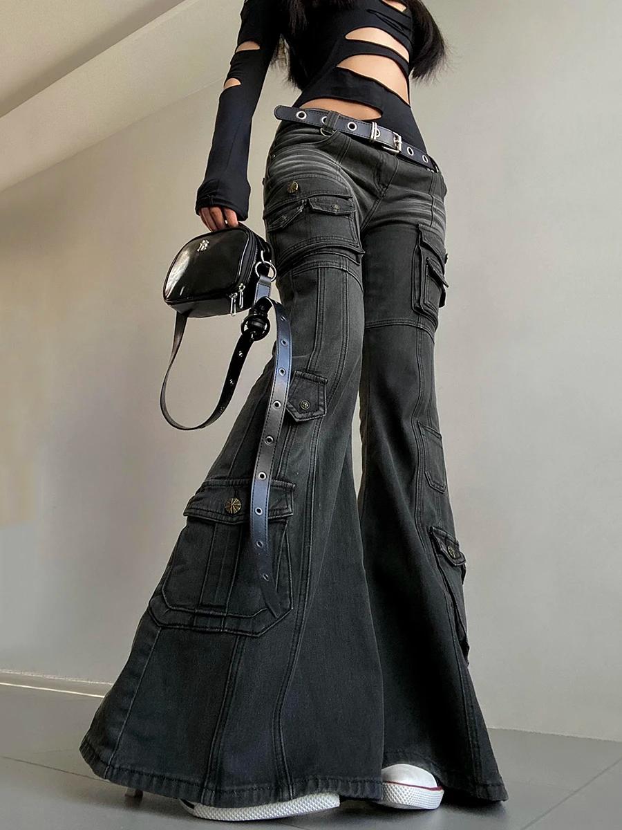 REDDACHiC Acubi mode noir Flare jean rétro moustaches maigre Stretch taille basse poches Cargo panta