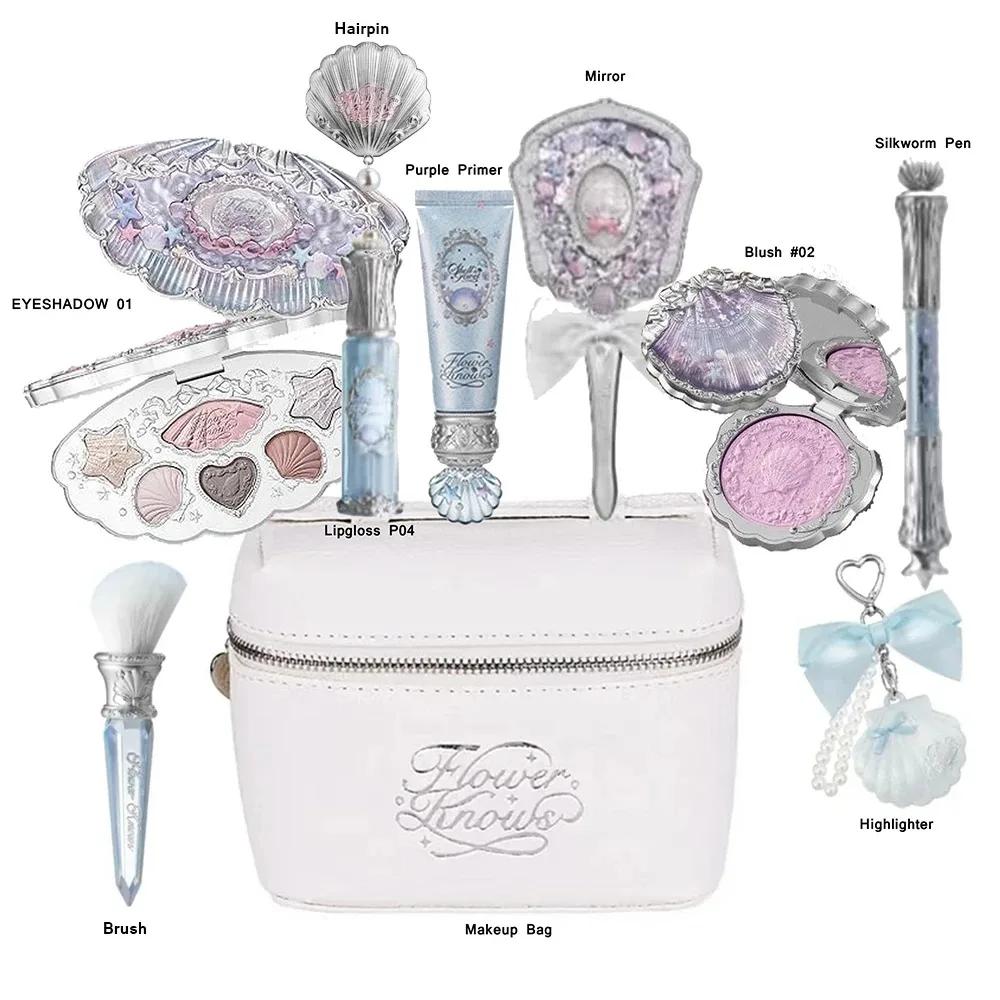 Kit de Maquillage Flower Knows : Poudre Décorante Effet Coquille de Perle Lapin, Gloss à Lèvres, Far