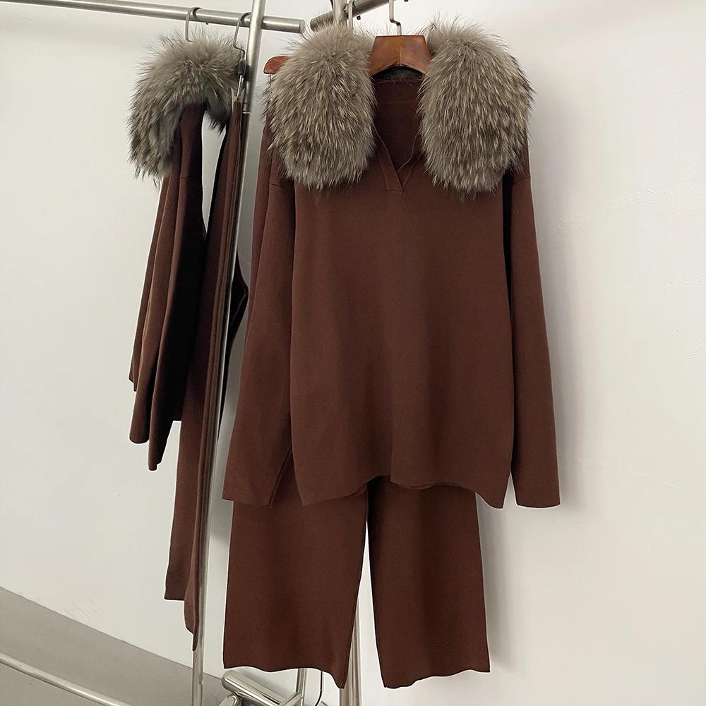 Réalité fourrure veste pull ensemble femme printemps tricoté costume tricots femme réel renard col d