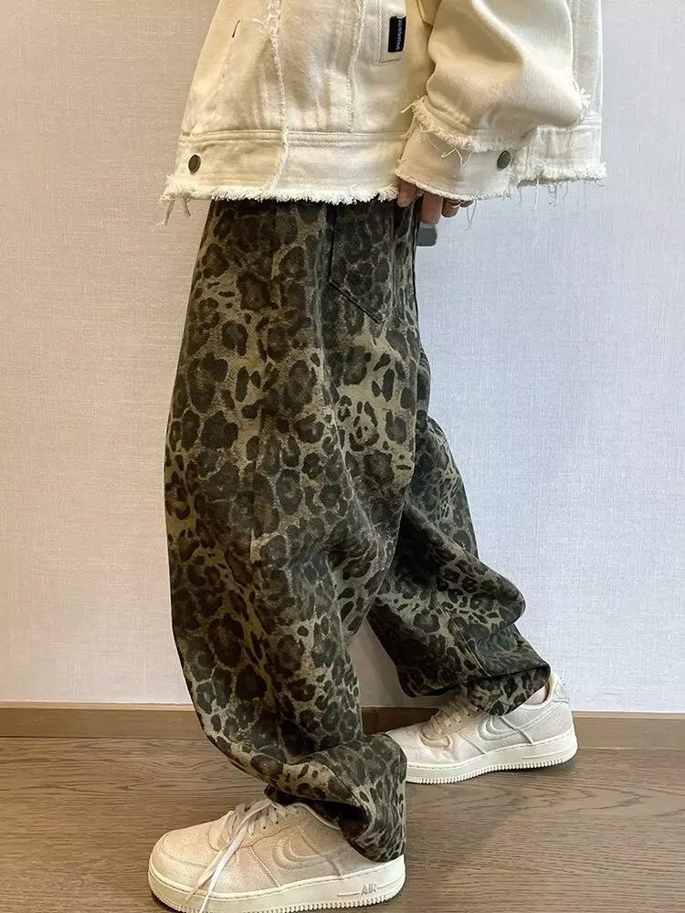 Jean léopard Tan pour homme, pantalon en Denim, surdimensionné, jambes larges, Streetwear, Hip Hop,