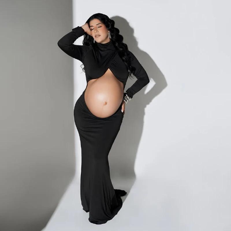 Robe de grossesse, accessoires de photographie, robe Maxi à col roulé, manches longues découpées sur