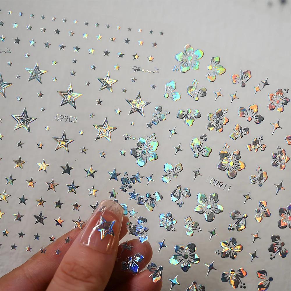 Autocollants pour ongles étoiles 3D or argent, 12 pièces, décalcomanies bronzantes Starlight pour Na