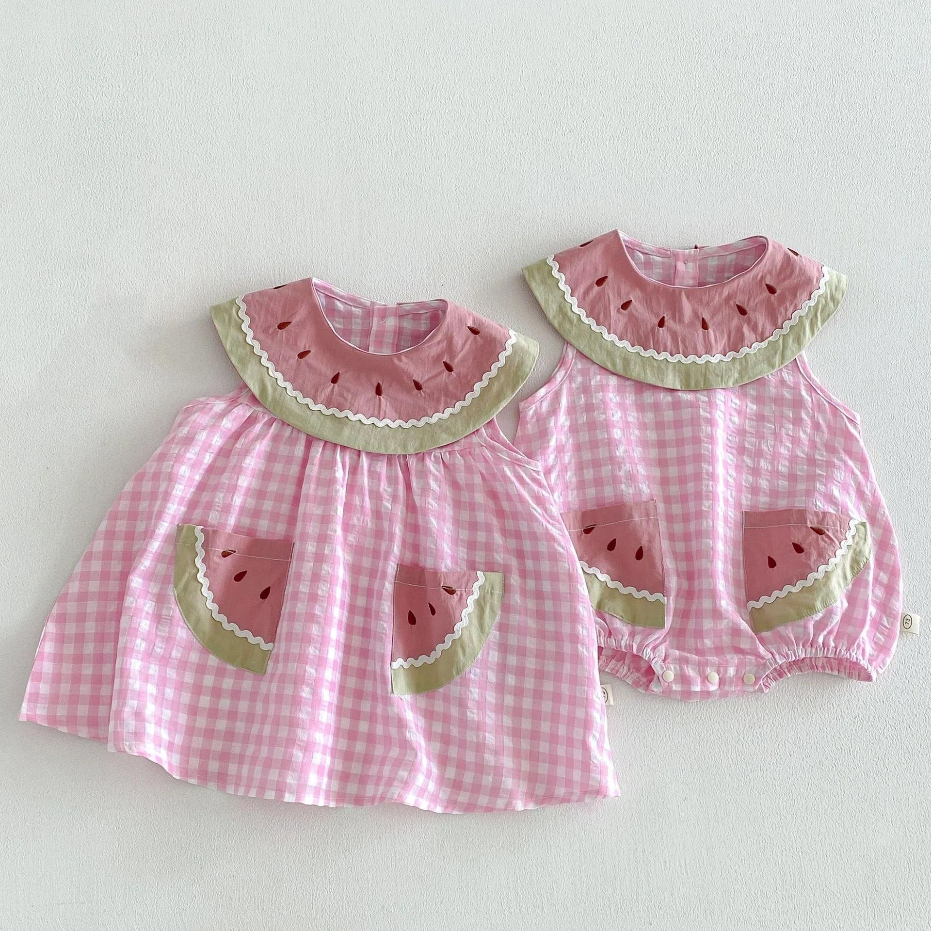 Nouvelle Robe d'été 2026 pour Enfants, Style Doux, Rose à Carreaux Pastèque, Sans Manches, Légère, V