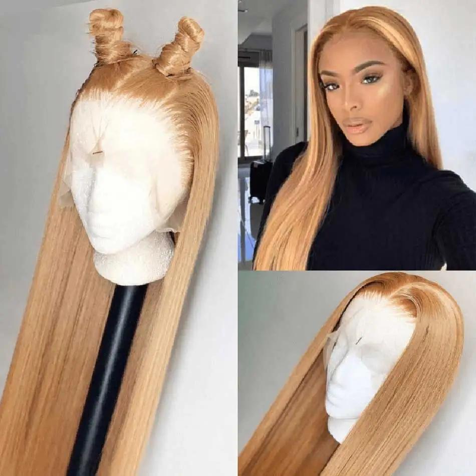 27 # Perruque frontale de cheveux humains de couleur blond miel droite 180% 13x6 HD perruque de ch