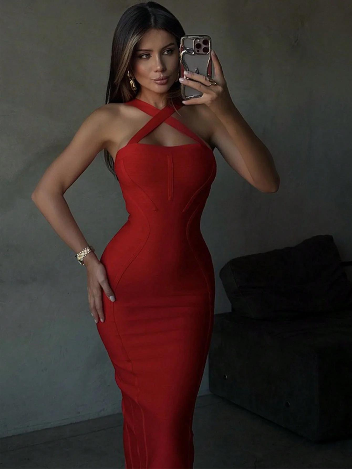 Sexy licou rouge côtelé Midi robe moulante pour les femmes robe de pansement élégante soirée Cocktai