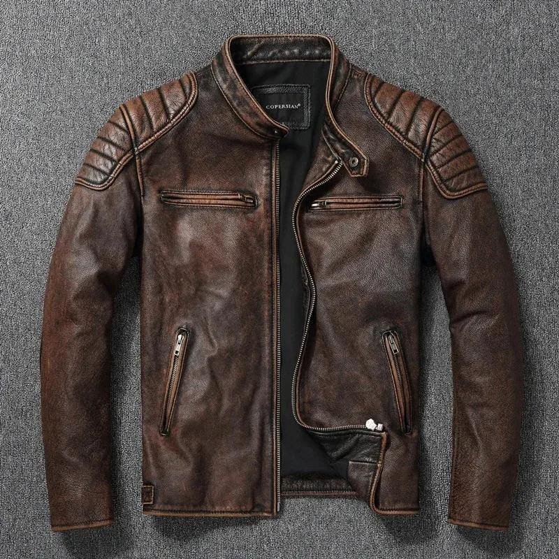 Nouveau 100% veste en cuir de vachette hommes couche supérieure vêtements hommes col montant moto vê