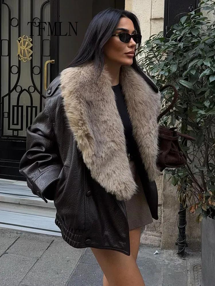 TFMLN 2025 hiver femmes veste en simili cuir ample mode retiré grand col de fourrure manteau décontr
