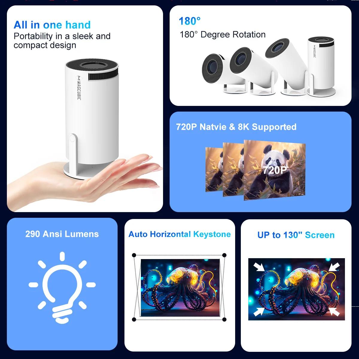 Projecteur magnétique HY300 Pro 8K Android 14 double Wifi6 290ANSI Allwinner H726 BT5.4 1080P 1280*7
