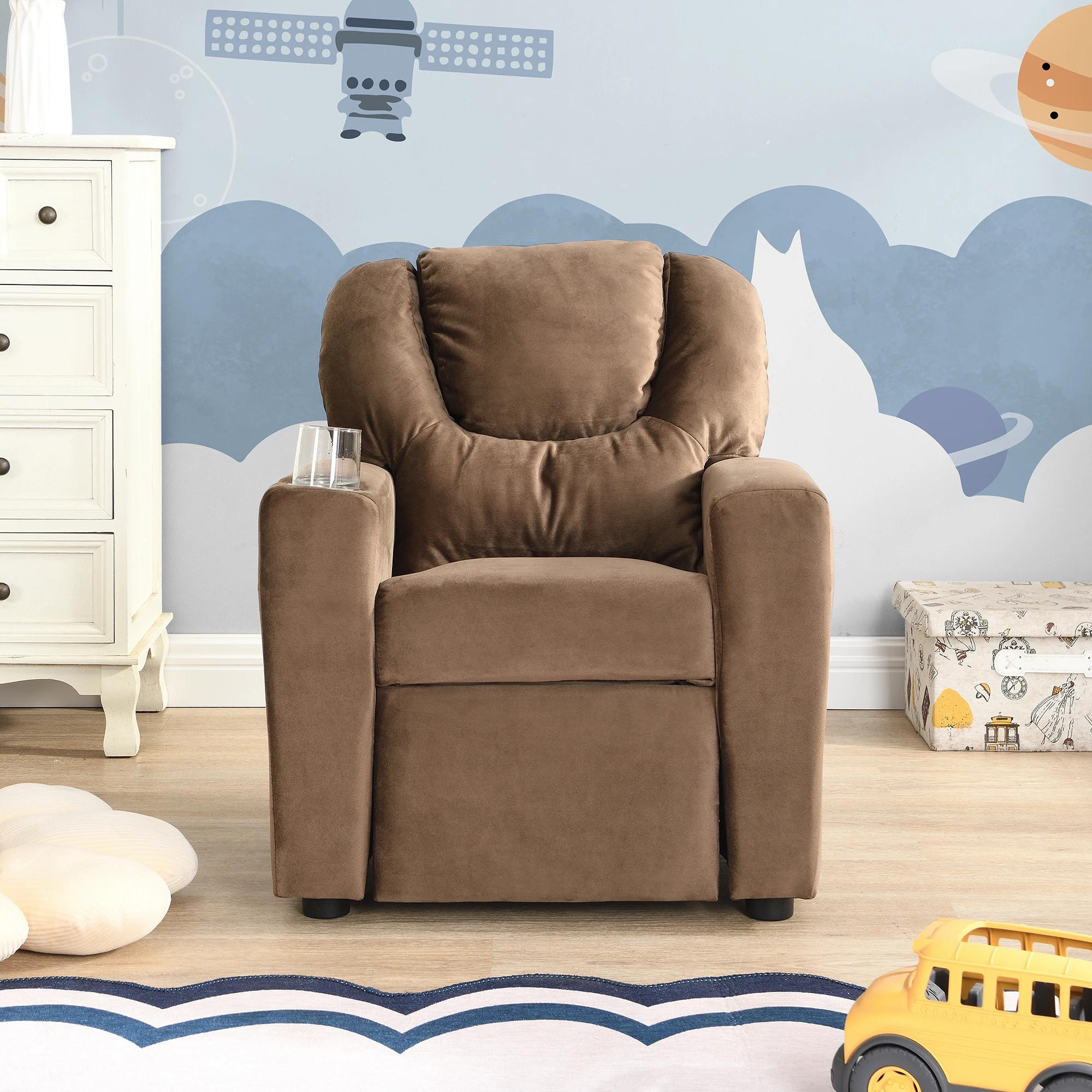 Fauteuil inclinable en velours pour enfants, canapé avec porte-gobelet, repose-pieds, dossier, enfan