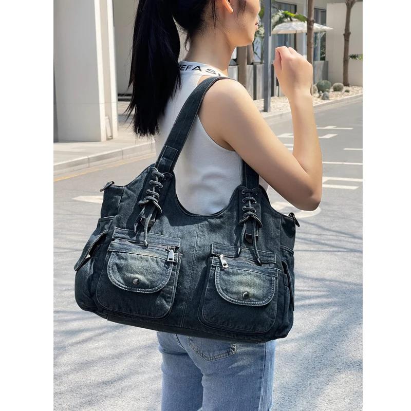 IPinee-Sac en jean bleu vintage pour femme, sac à main à bandoulière, portefeuille initié, grande ca