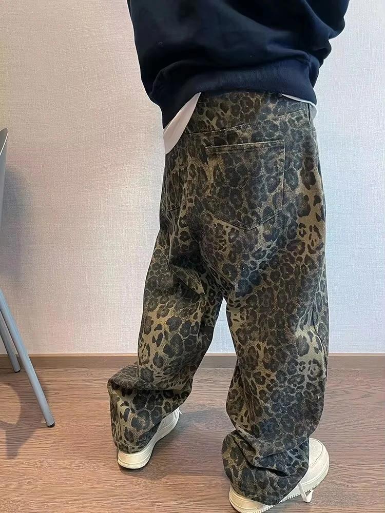 Jean léopard Tan pour homme, pantalon en Denim, surdimensionné, jambes larges, Streetwear, Hip Hop,