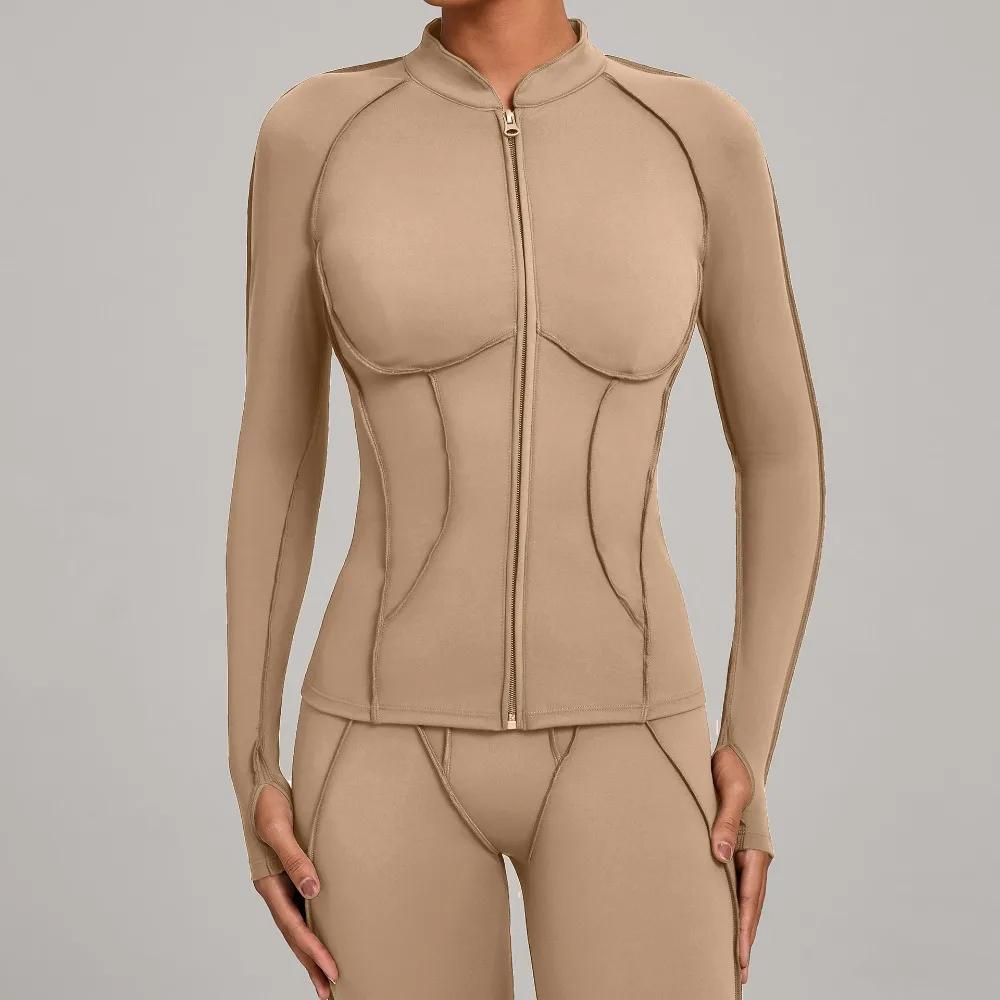Veste de Yoga à manches longues et fermeture éclair pour femme, col montant, moulante, séchage rapid