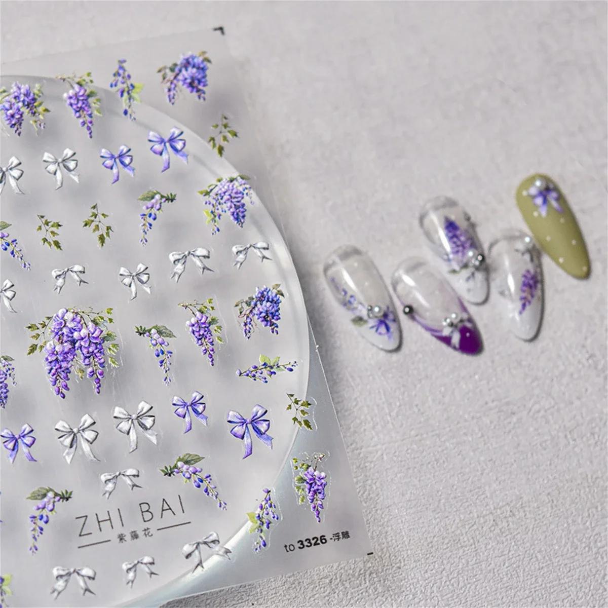 Autocollants 5D de fleurs de glycine violette pour nail art, 1 pièce, adhésif de transfert, décorati