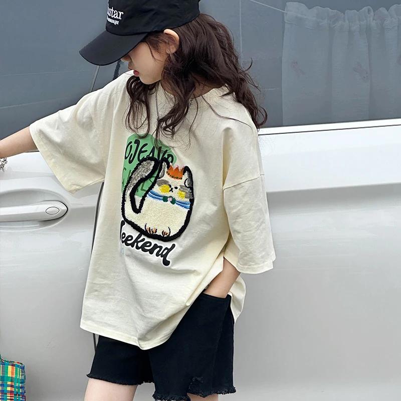 T-shirt à manches courtes pour filles, haut en coton pour enfants, vêtements d'été amples de style c