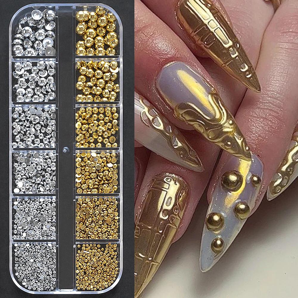 1 boîte de strass demi-ronds à dos plat pour ongles, multi-tailles, perles métalliques or et argent,
