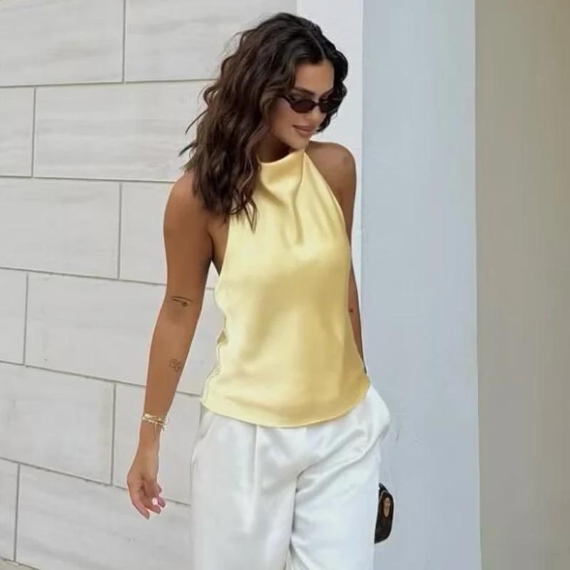 HXAO haut femmes licou Satin haut pour femme dos nu haut Corset gilet jaune rose noir été élégant Se