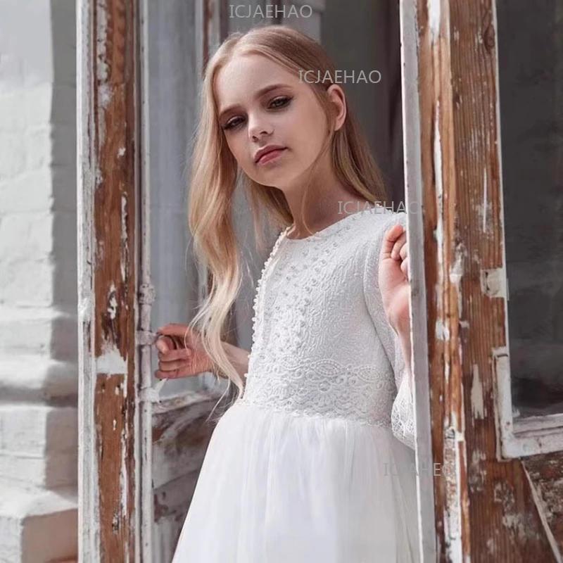 Nouvelle Robe Longue Princesse en Dentelle Blanche 2026 pour Enfants – Tenue Élégante pour Anniversa