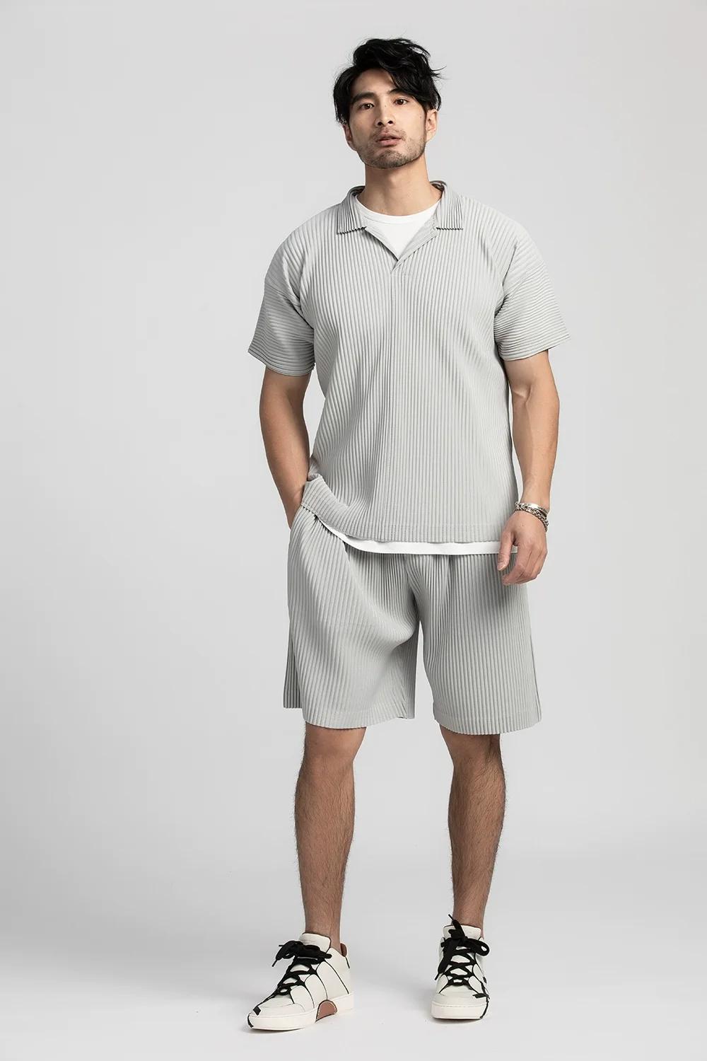Miyake plissé hommes Polo à manches courtes revers t-shirt respirant ample décontracté plaine haut M