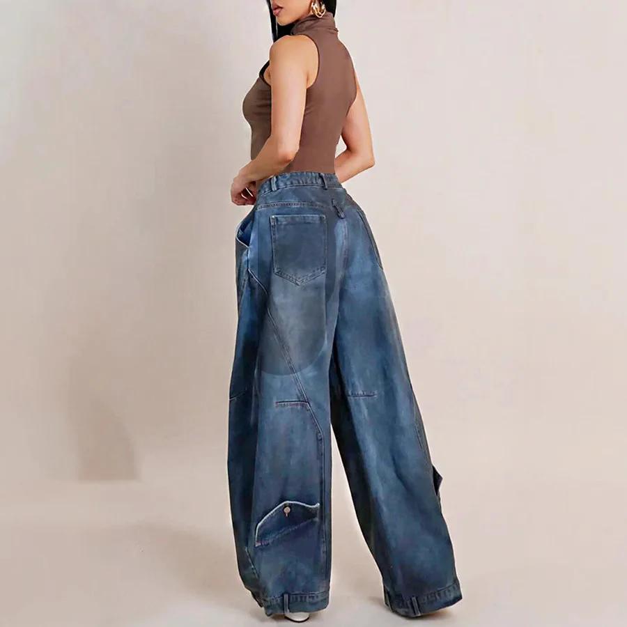Jean ample vintage en denim pour femme, taille mi-haute, délavé et déchiré, longueur ras du sol, sty
