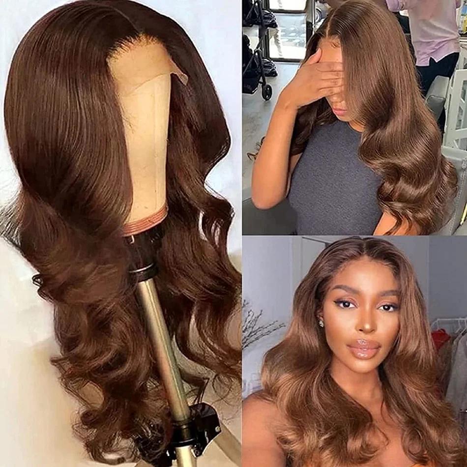Perruque Lace Front Wig Body Wave brésilienne naturelle, cheveux naturels, brun chocolat, 13x4, pre-