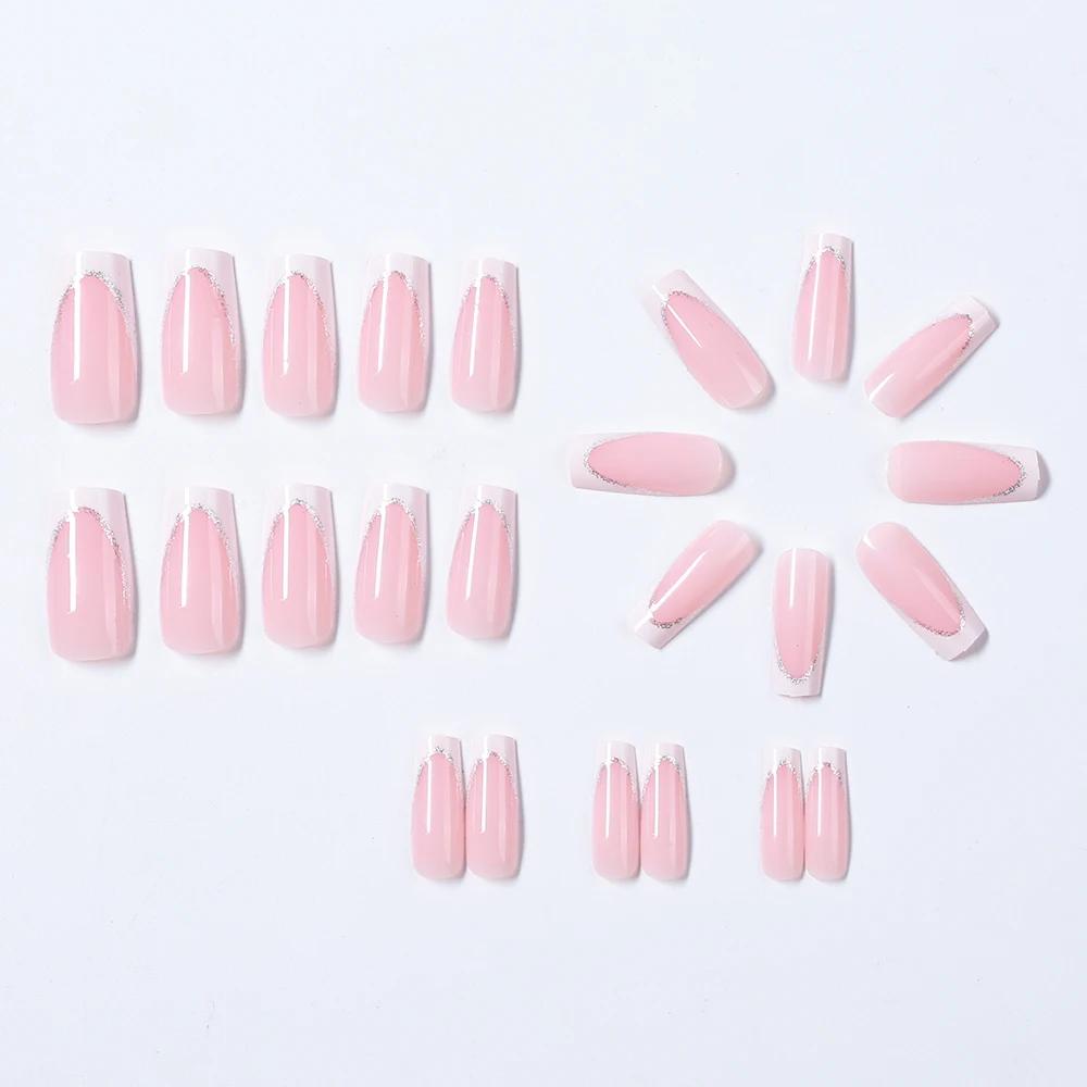 Faux ongles cercueil carrés courts, 24 pièces, à paillettes françaises, portables, couverture complè