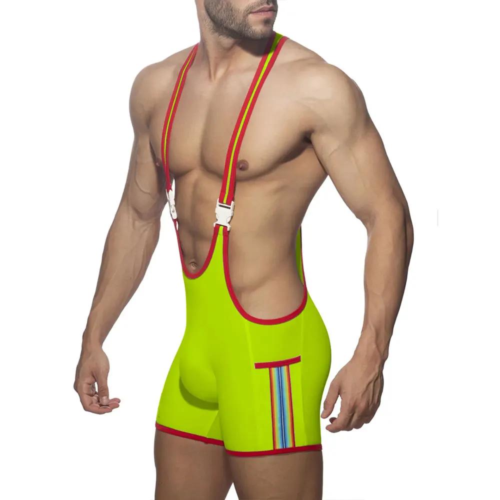 Sous-vêtements de body sexy à rayures arc-en-ciel pour hommes, slips de boxeur de lutte, combinaison