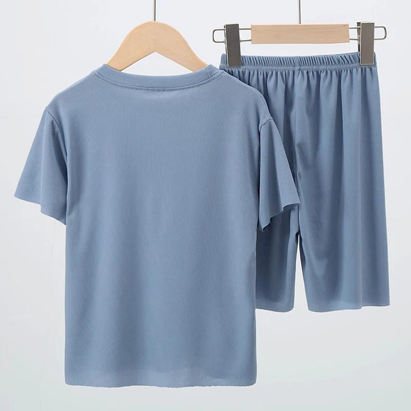 Pyjama en soie glacée pour enfants, objectifs fins à manches courtes d'été, ensemble 2 pièces de vêt