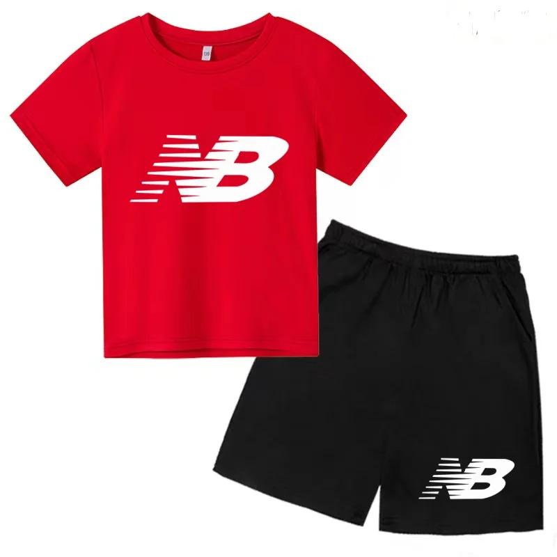 T-shirt noir à col rond et short pour enfants, ensemble de sport décontracté à manches courtes pour