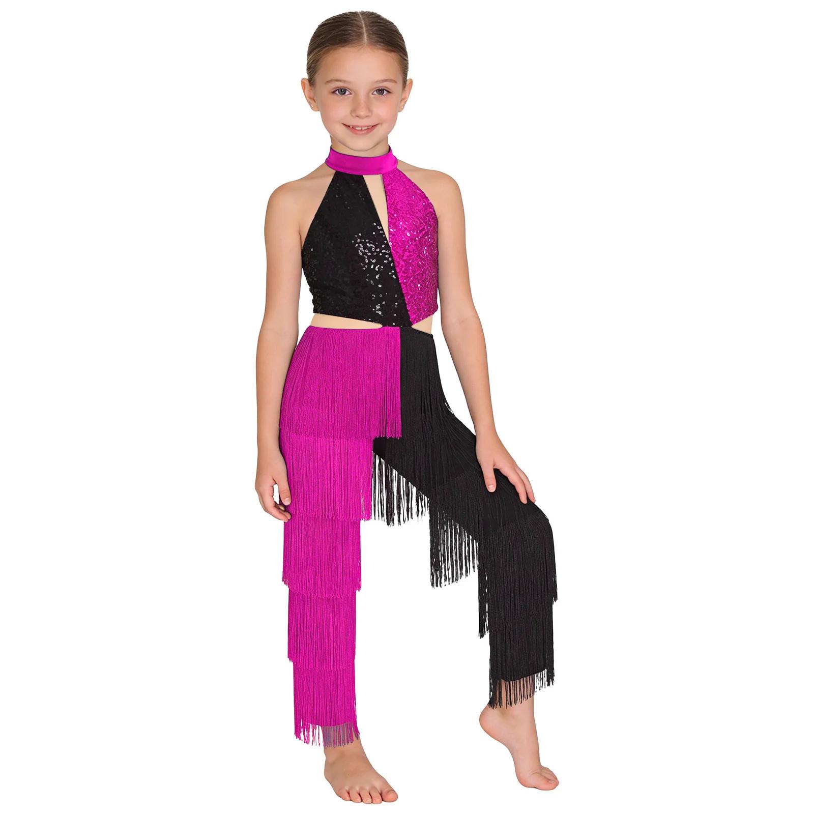 Combinaison de danse latine à paillettes pour filles, col licou, Costume Disco, body sans manches, b