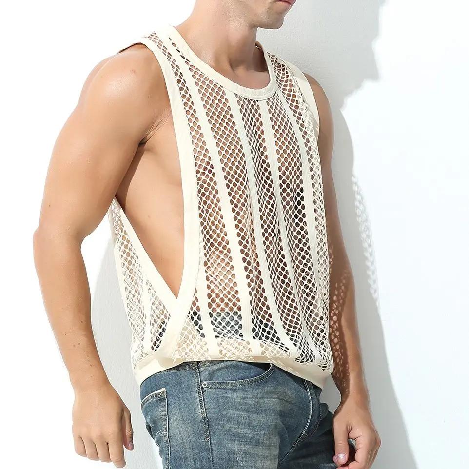 Hommes maille pure gilet musculation course débardeurs Sexy résille Fitness vêtements de sport Muscl