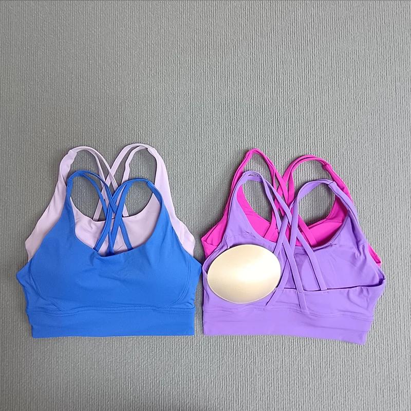 Soutien-gorge de sport de Yoga couleur unie pour femmes, soutien-gorge de sport doux à dos croisé, e