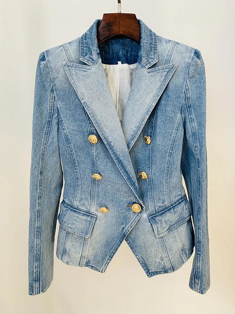HIGH STREET Nouveauté 2026 Blazer en jean pour femme, coupe ajustée, croisé, avec boutons motif lion