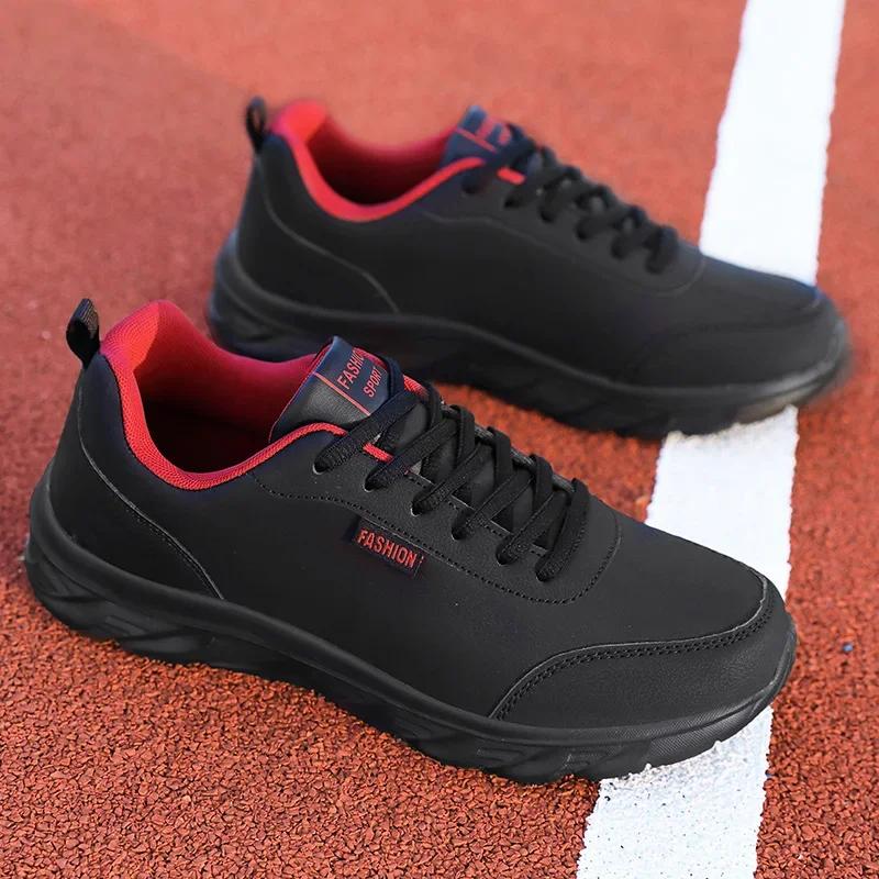 Chaussures de course légères larges en cuir noir pour homme - Baskets plates confort décontracté