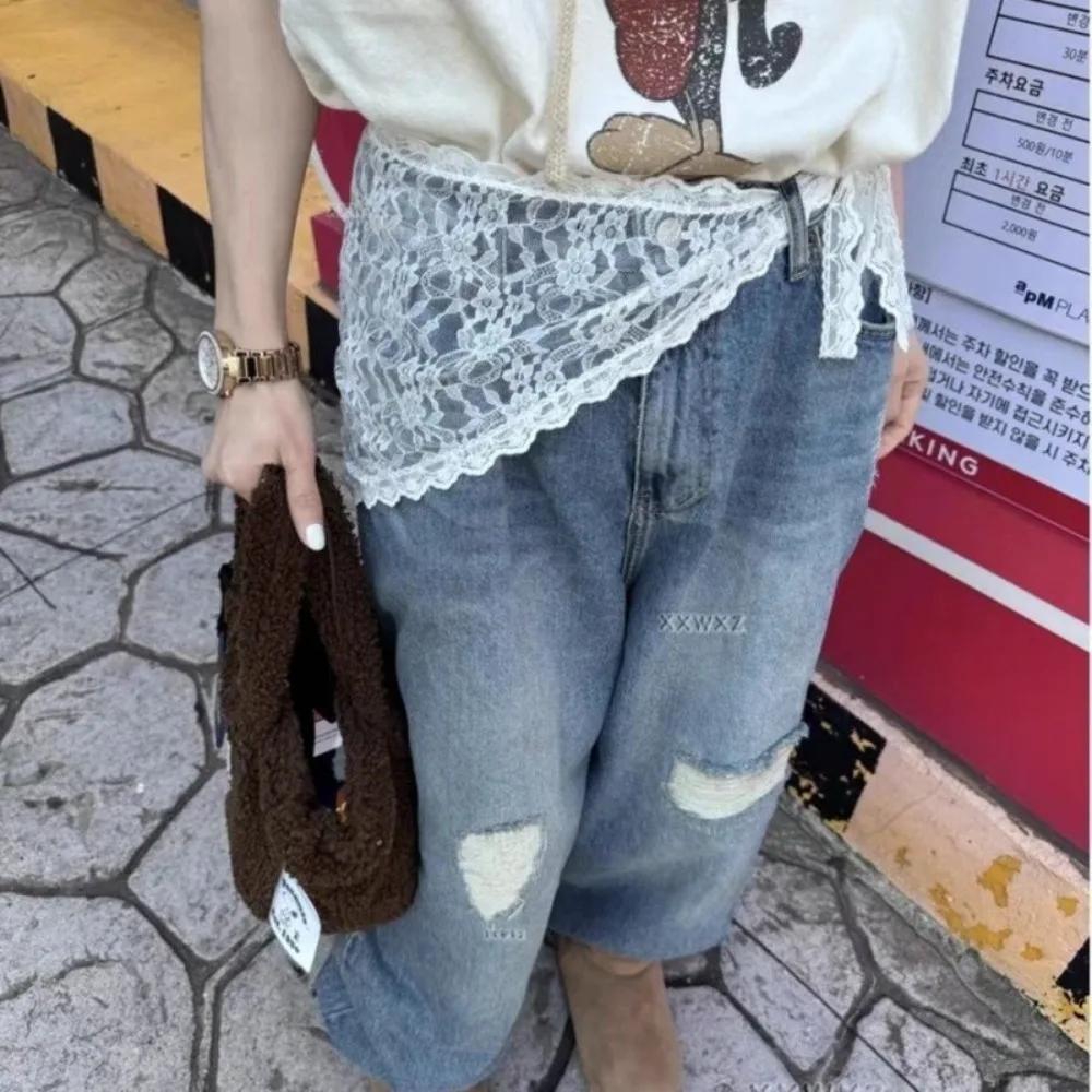 Jeans pantalons décor brodé fleur dentelle Mini jupe irrégulière voir à travers des jupes froncées t